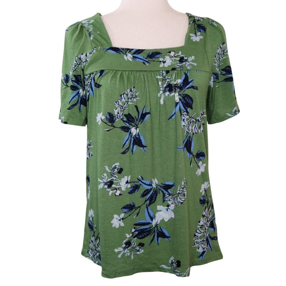 Lucky Brand Green Floral Print Square Neck Top